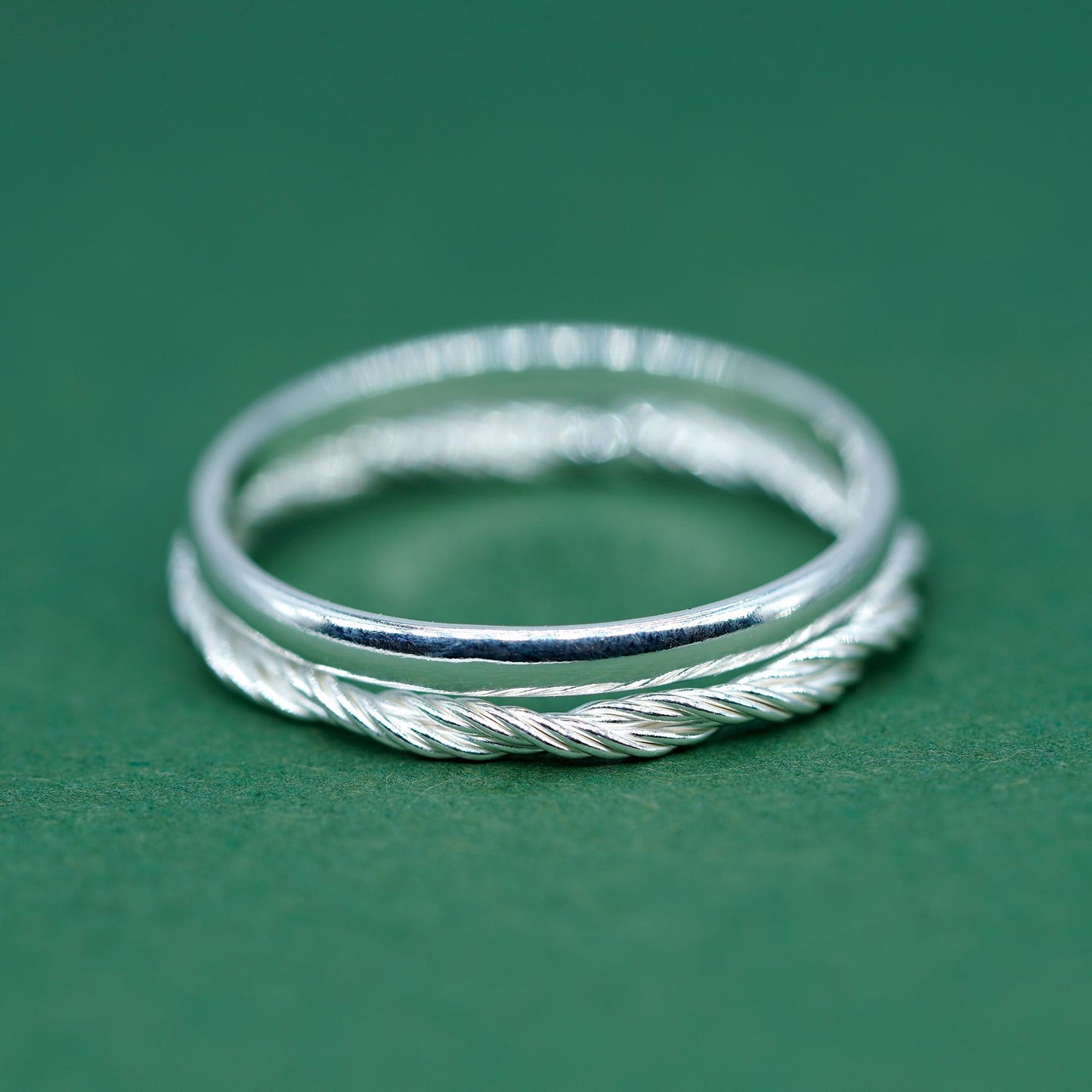 Set of 2 Sterling Silver 2mm Polished Band & 1.7mm Corda Rope Ring