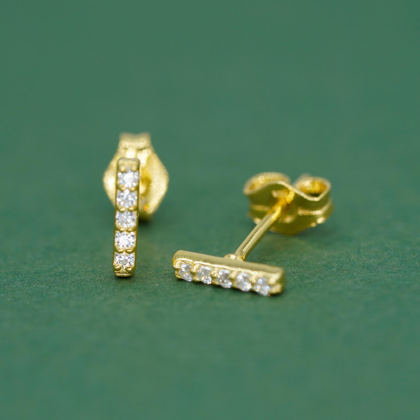Gold Plated Sterling Silver 7.5mm Cubic Zirconia Bar Stud Earrings (Butterfly Backed)