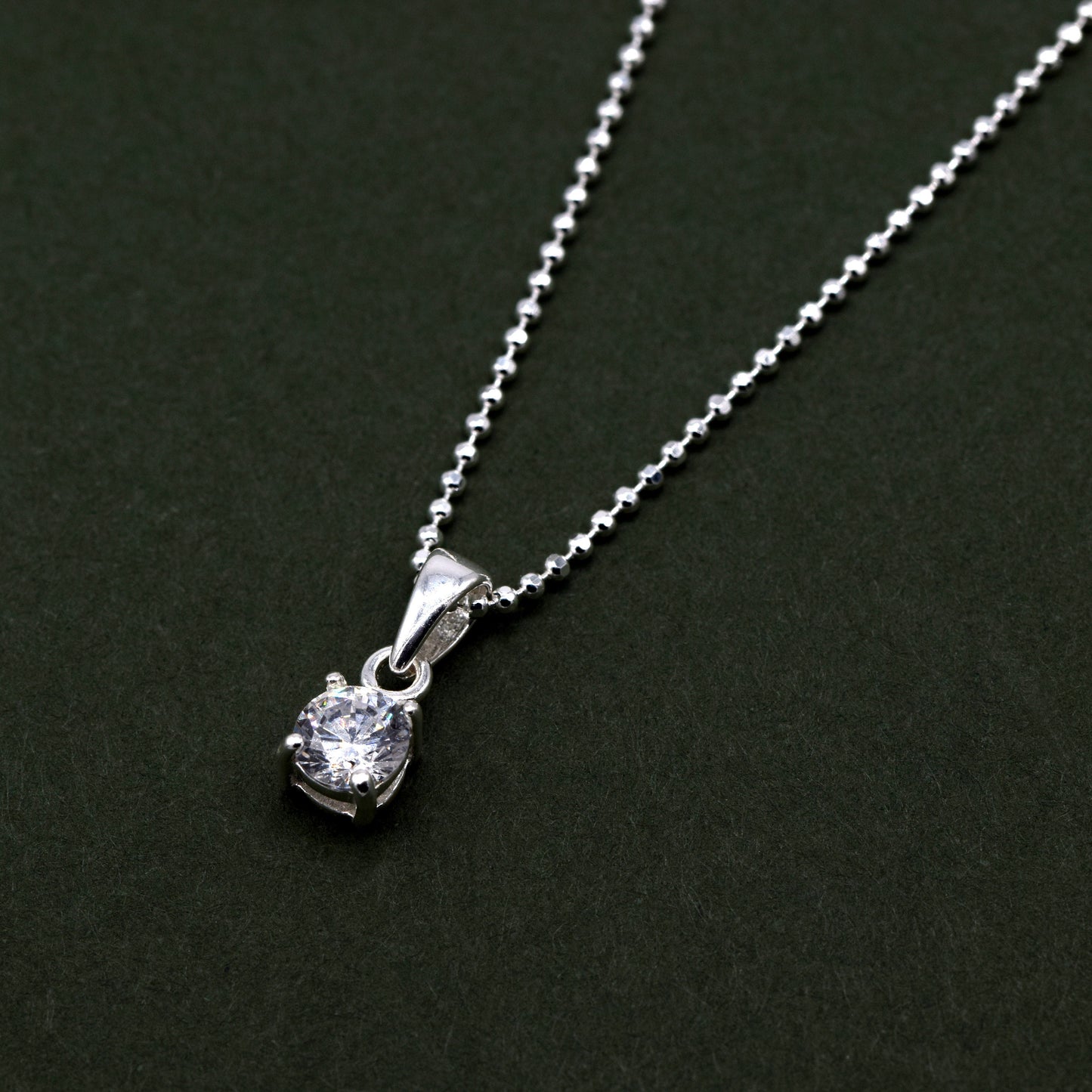 Sterling Silver Cubic Zirconia Round Pendant Necklace on D/C Ball Chain
