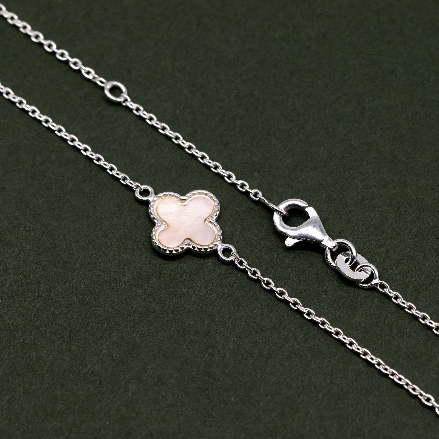 Sterling Silver Four Leaf Clover Motif Necklace On 17” - 18” Rolo Chain