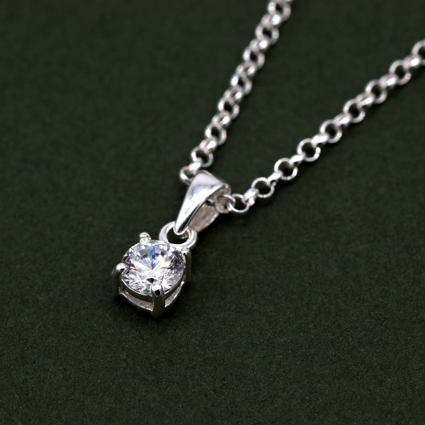 Sterling Silver Cubic Zirconia Round Pendant Necklace on Rolo Chain
