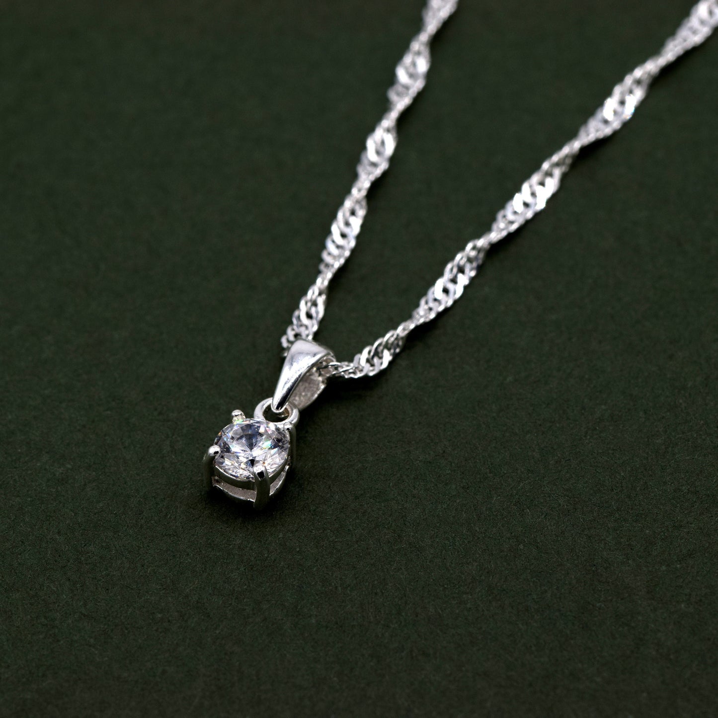 Sterling Silver Cubic Zirconia Round Pendant Necklace on Singapore Chain