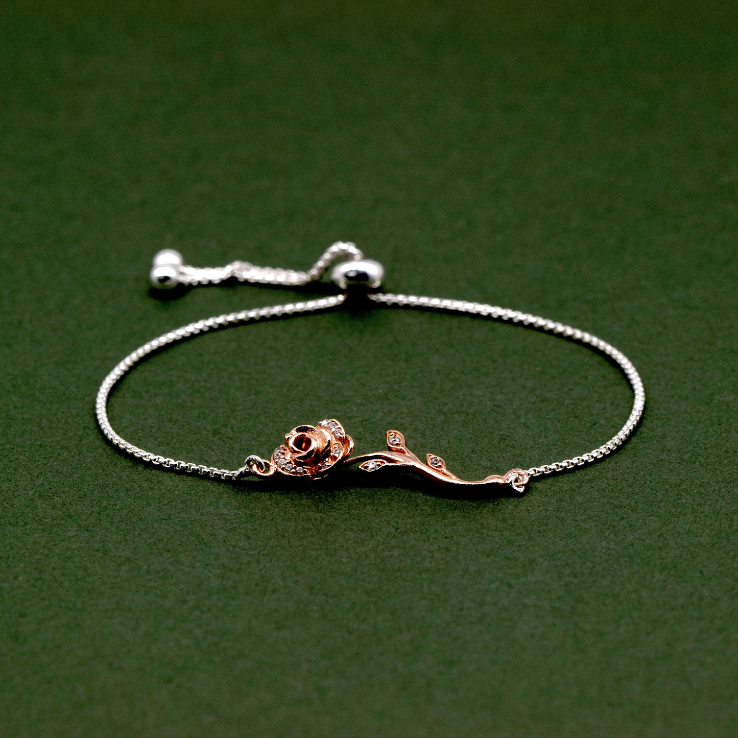 Sterling Silver Adjustable Slider Bracelet With Rose Gold Cubic Zirconia Encrusted Rose