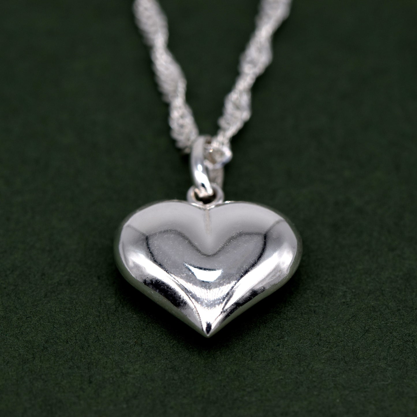 Sterling Silver Puffed Heart Pendant Necklace on Singapore Chain