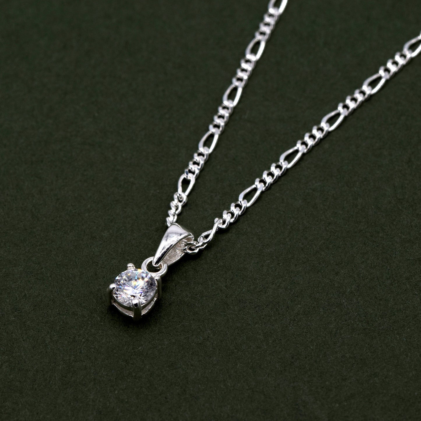 Sterling Silver Round Cubic Zirconia Pendant Necklace on D/C Figaro Chain