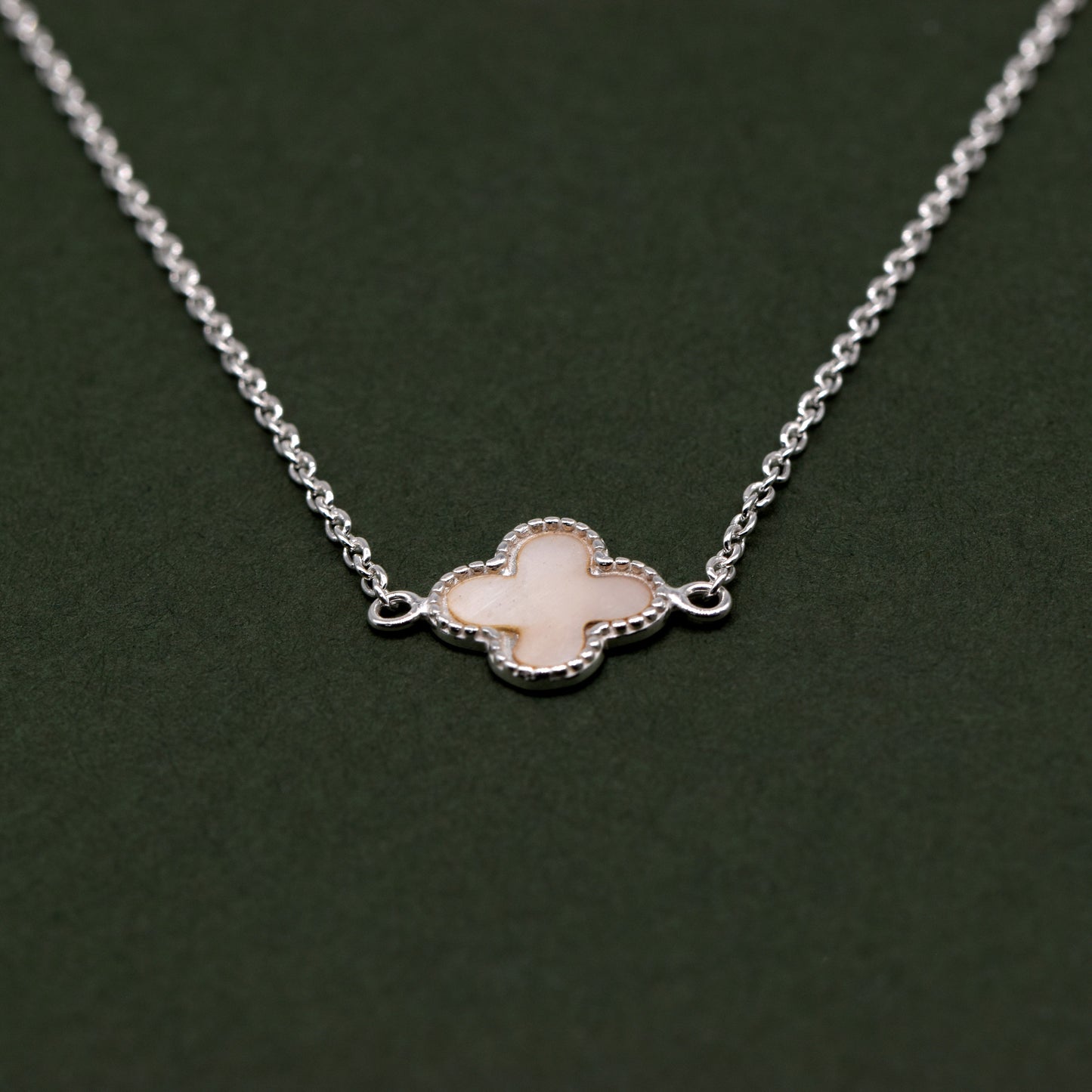 Sterling Silver Four Leaf Clover Motif Necklace On 17” - 18” Rolo Chain