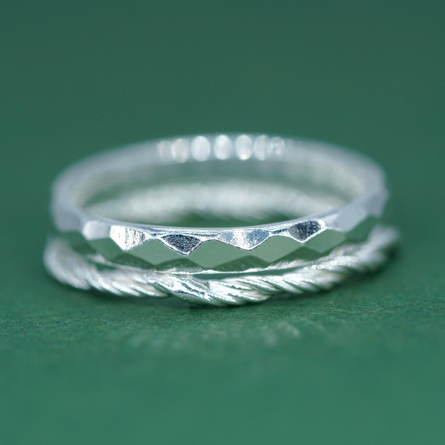 Set of 2 Sterling Silver Rings, 2.8mm Faceted/Hammered Ring & 1.7mm Corda Rope Ring