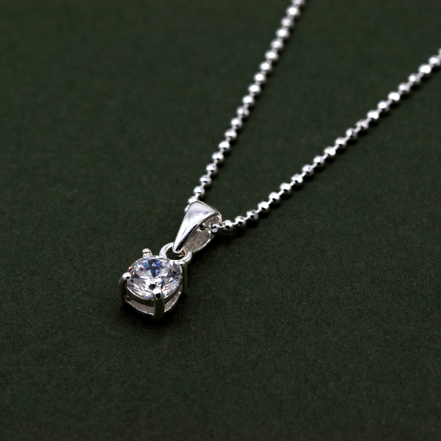 Sterling Silver Cubic Zirconia Round Pendant Necklace on D/C Ball Chain