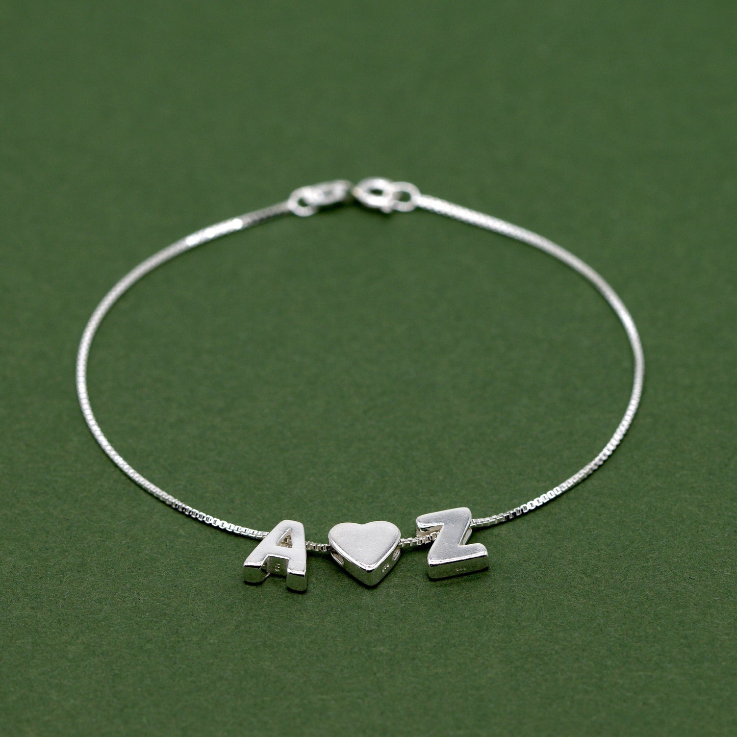 Sterling Silver Personalised Initial Charm Box Chain Anklet A - Z With Heart Charm