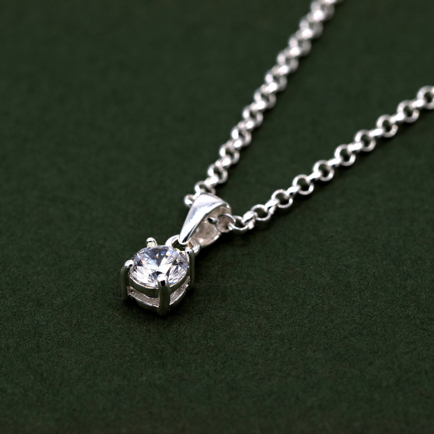 Sterling Silver Cubic Zirconia Round Pendant Necklace on Rolo Chain