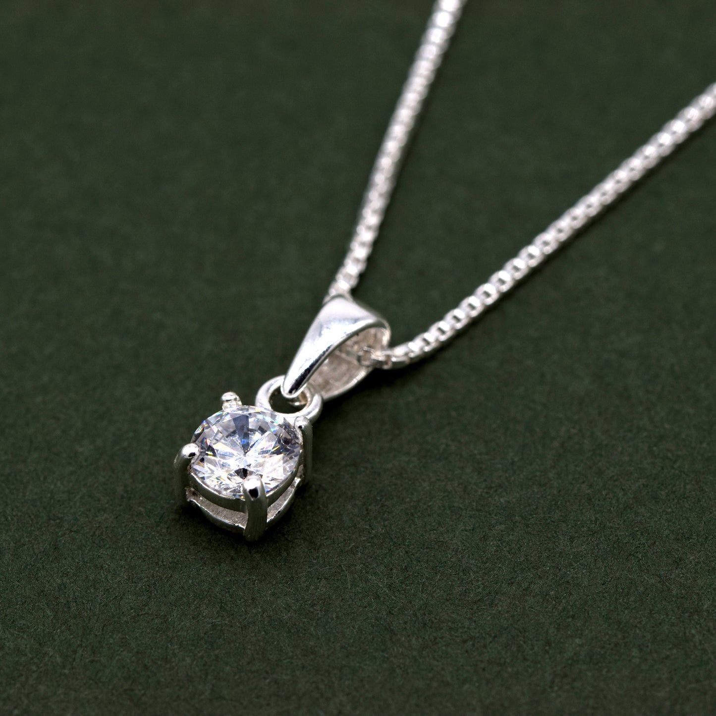 Sterling Silver Cubic Zirconia Round Pendant on Box Chain