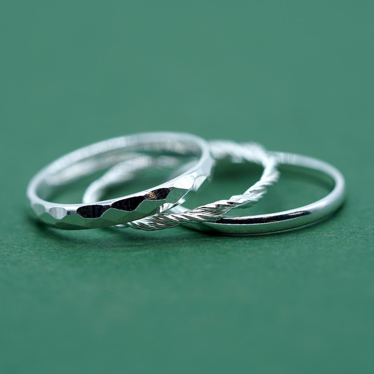 Set of 3 Sterling Silver Rings, 2mm Polished Band, 2.8mm Faceted/Hammered Ring & 1.7mm Corda Rope Ring