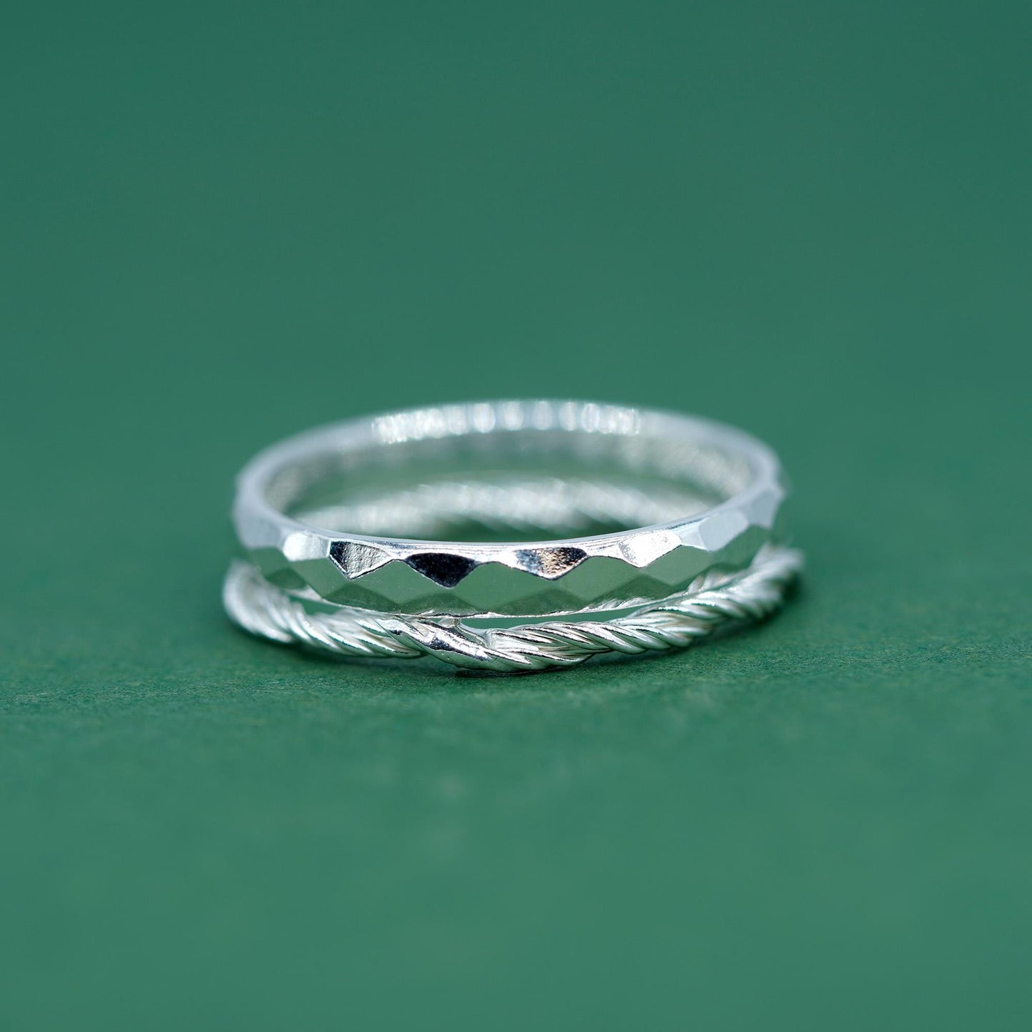Set of 2 Sterling Silver Rings, 2.8mm Faceted/Hammered Ring & 1.7mm Corda Rope Ring