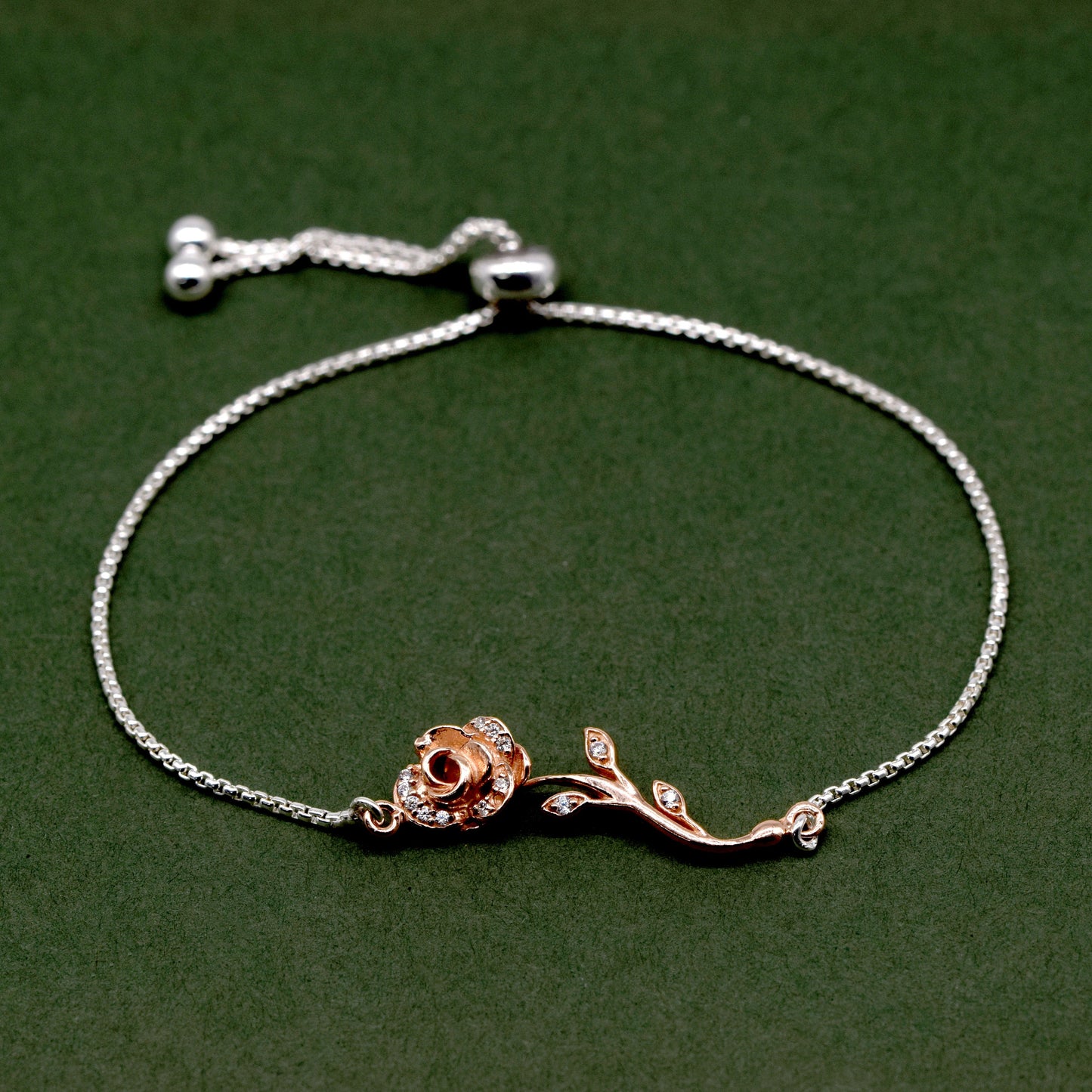 Sterling Silver Adjustable Slider Bracelet With Rose Gold Cubic Zirconia Encrusted Rose
