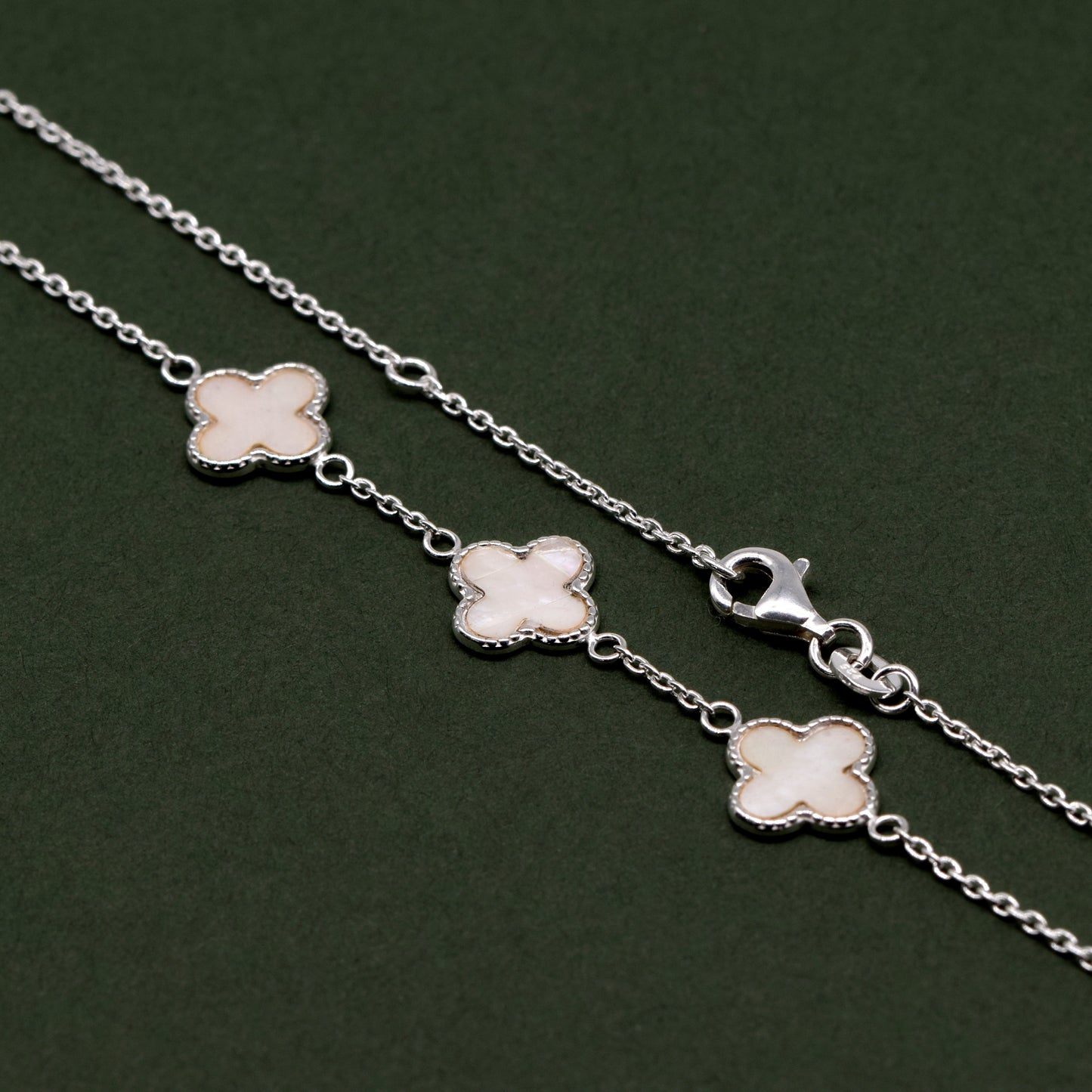 Sterling Silver Triple Four Leaf Clover Motif Necklace On 17” - 18” Rolo Chain