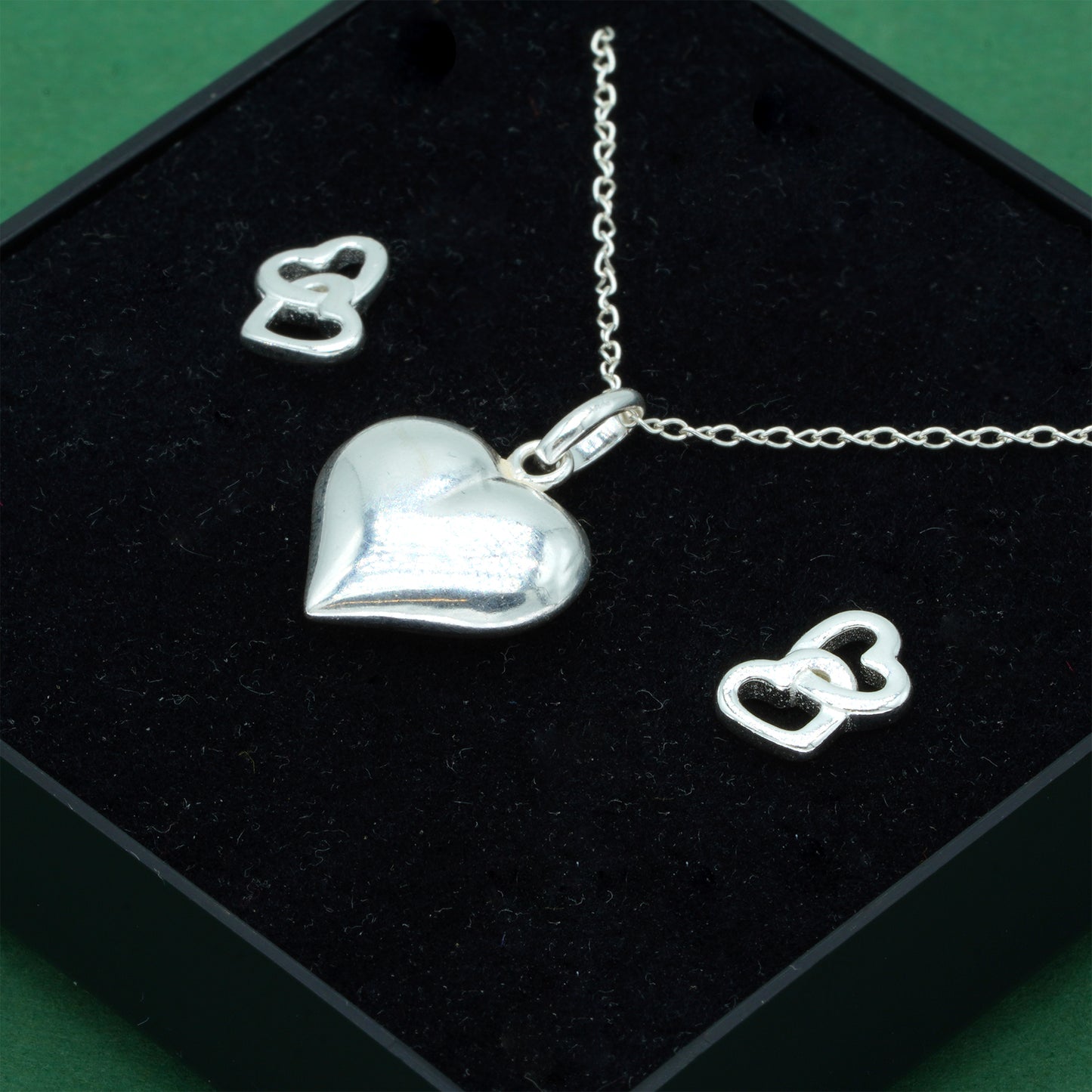 925 Sterling Silver Trace Cable Chain With Puffed Heart Pendant & Double Open Heart Earrings Set, Romantic Jewellery Gift For Her, Supplied In Gift Box