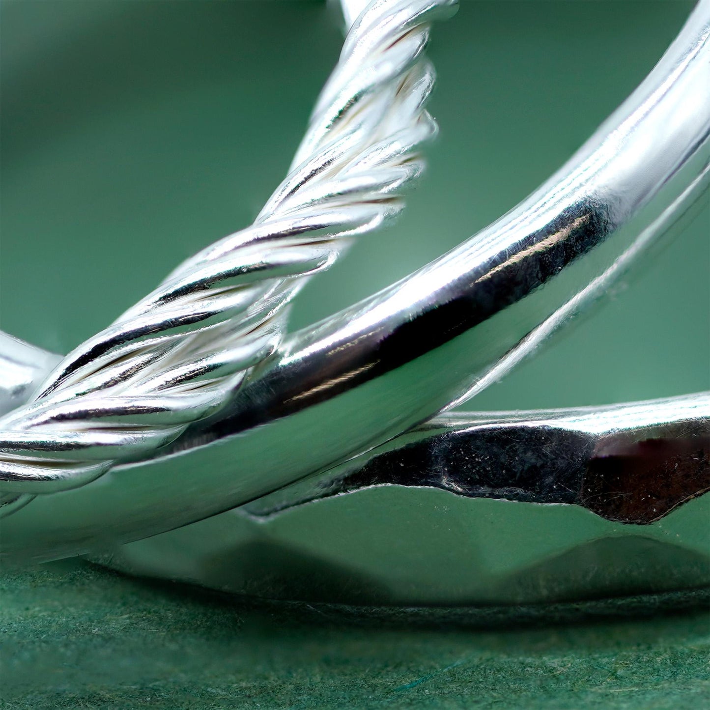 Set of 3 Sterling Silver Rings, 2mm Polished Band, 2.8mm Faceted/Hammered Ring & 1.7mm Corda Rope Ring