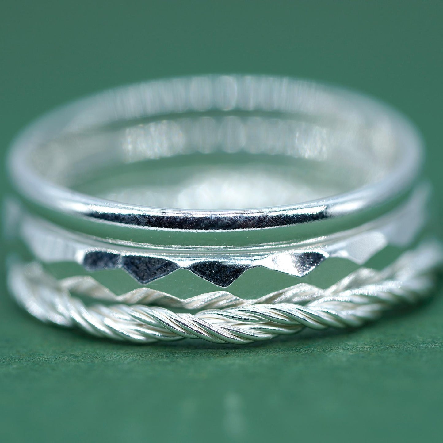 Set of 3 Sterling Silver Rings, 2mm Polished Band, 2.8mm Faceted/Hammered Ring & 1.7mm Corda Rope Ring