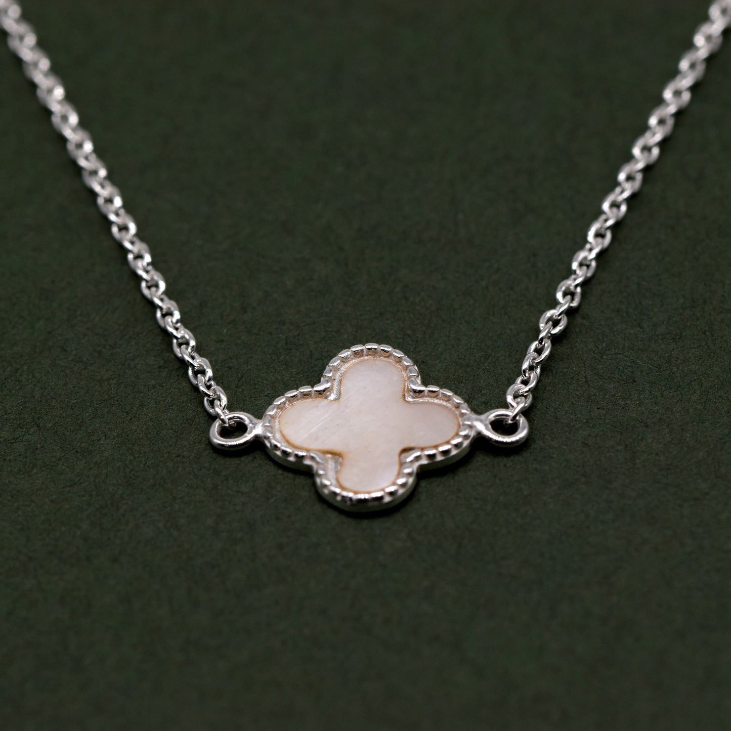 Sterling Silver Four Leaf Clover Motif Necklace On 17” - 18” Rolo Chain