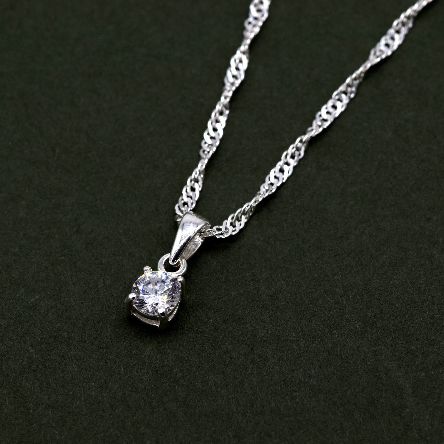 Sterling Silver Cubic Zirconia Round Pendant Necklace on Singapore Chain