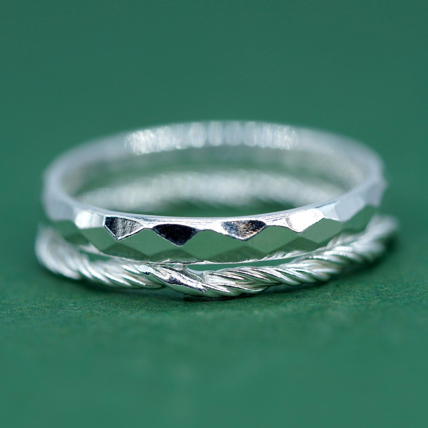 Set of 2 Sterling Silver Rings, 2.8mm Faceted/Hammered Ring & 1.7mm Corda Rope Ring