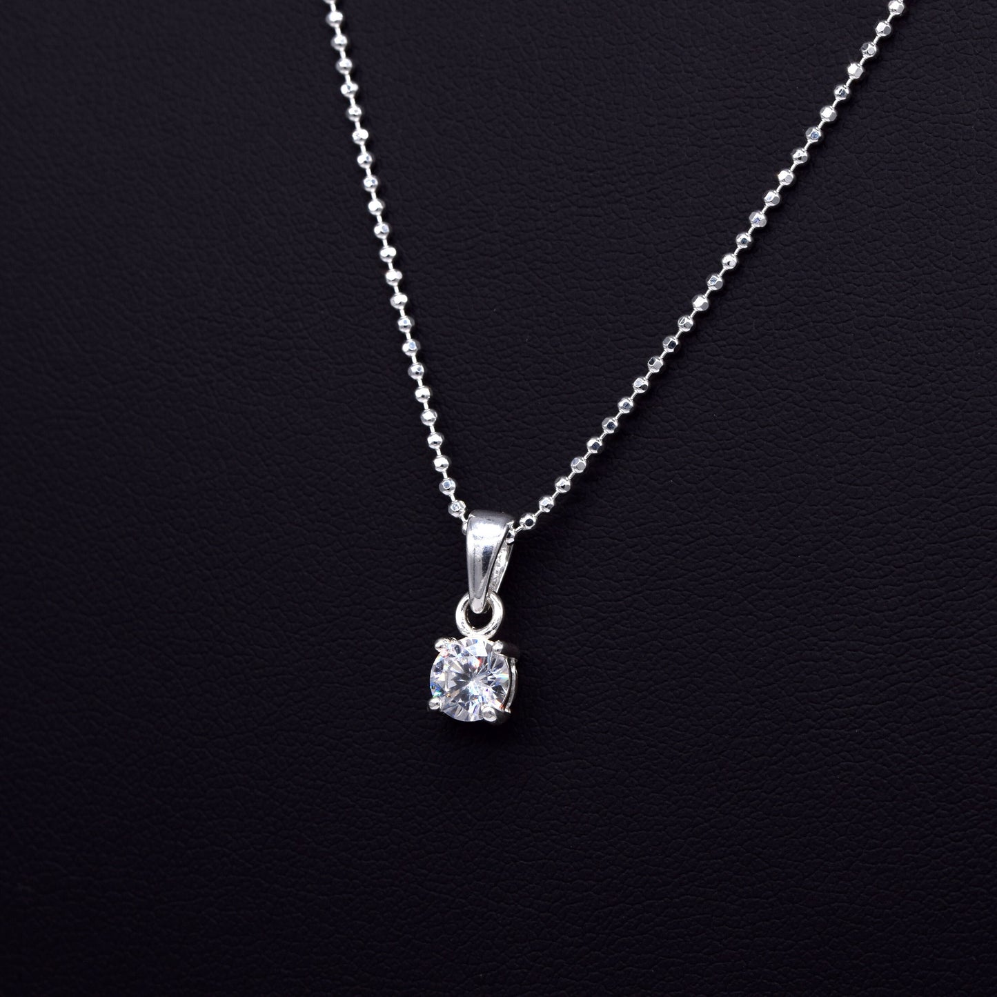 Sterling Silver Cubic Zirconia Round Pendant Necklace on D/C Ball Chain