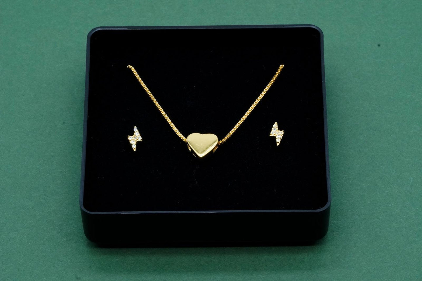 Gold Plated Sterling Silver Heart Charm Necklace with CZ Lightning Bolt Studs in Gift Box