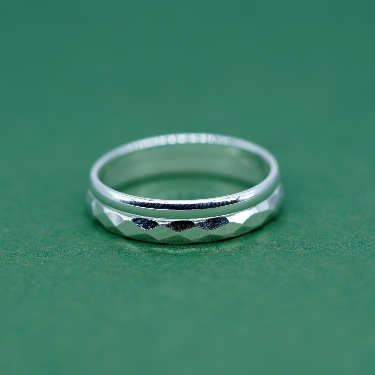 Set of 2 Sterling Silver 2mm Polished Band & 2.8mm Faceted/Hammered Band