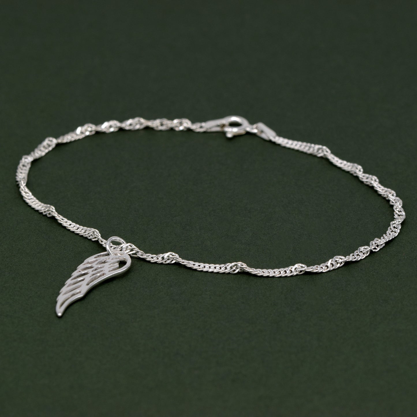 Sterling Silver 10" Singapore Chain Anklet With Wing Pendant