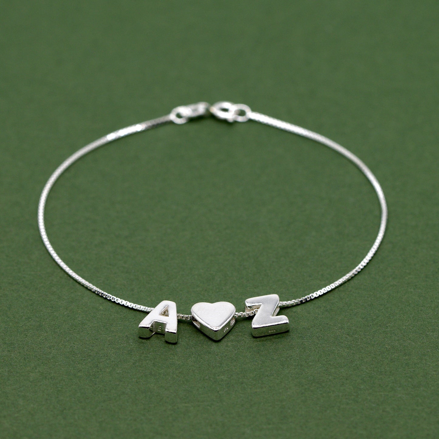 Sterling Silver Personalised Initial Charm Box Chain Anklet A - Z With Heart Charm