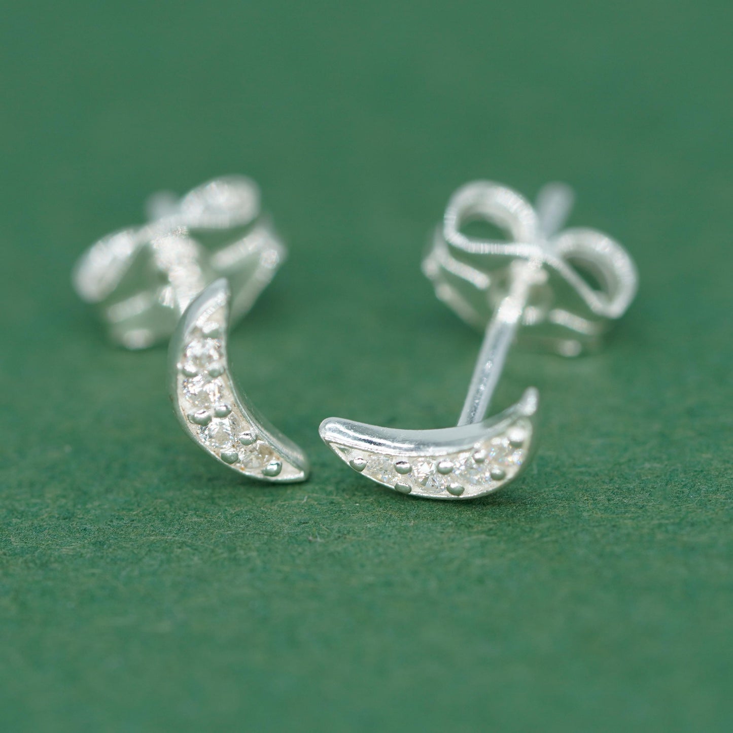 Sterling Silver 7.8mm CZ Crescent Moon Stud Earrings (Butterfly Backed)