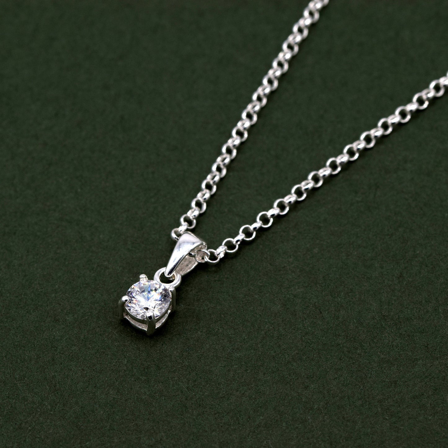 Sterling Silver Cubic Zirconia Round Pendant Necklace on Rolo Chain