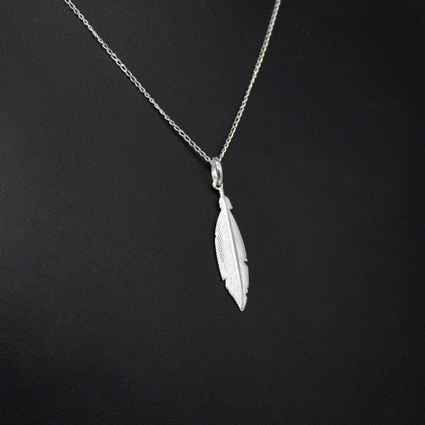 Sterling Silver Feather Pendant Necklace on Curb Chain