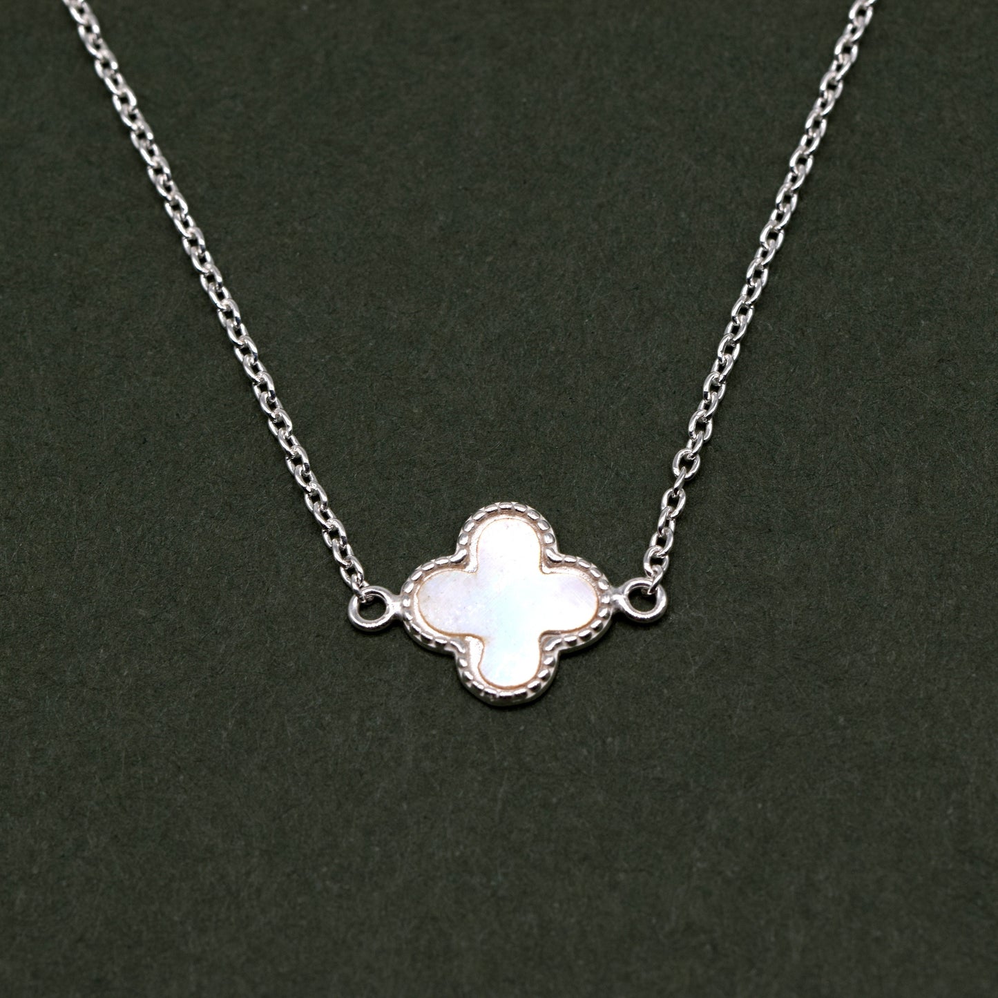 Sterling Silver Four Leaf Clover Motif Necklace On 17” - 18” Rolo Chain