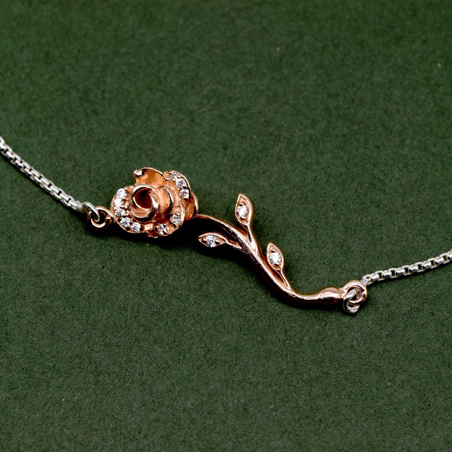 Sterling Silver Adjustable Slider Bracelet With Rose Gold Cubic Zirconia Encrusted Rose