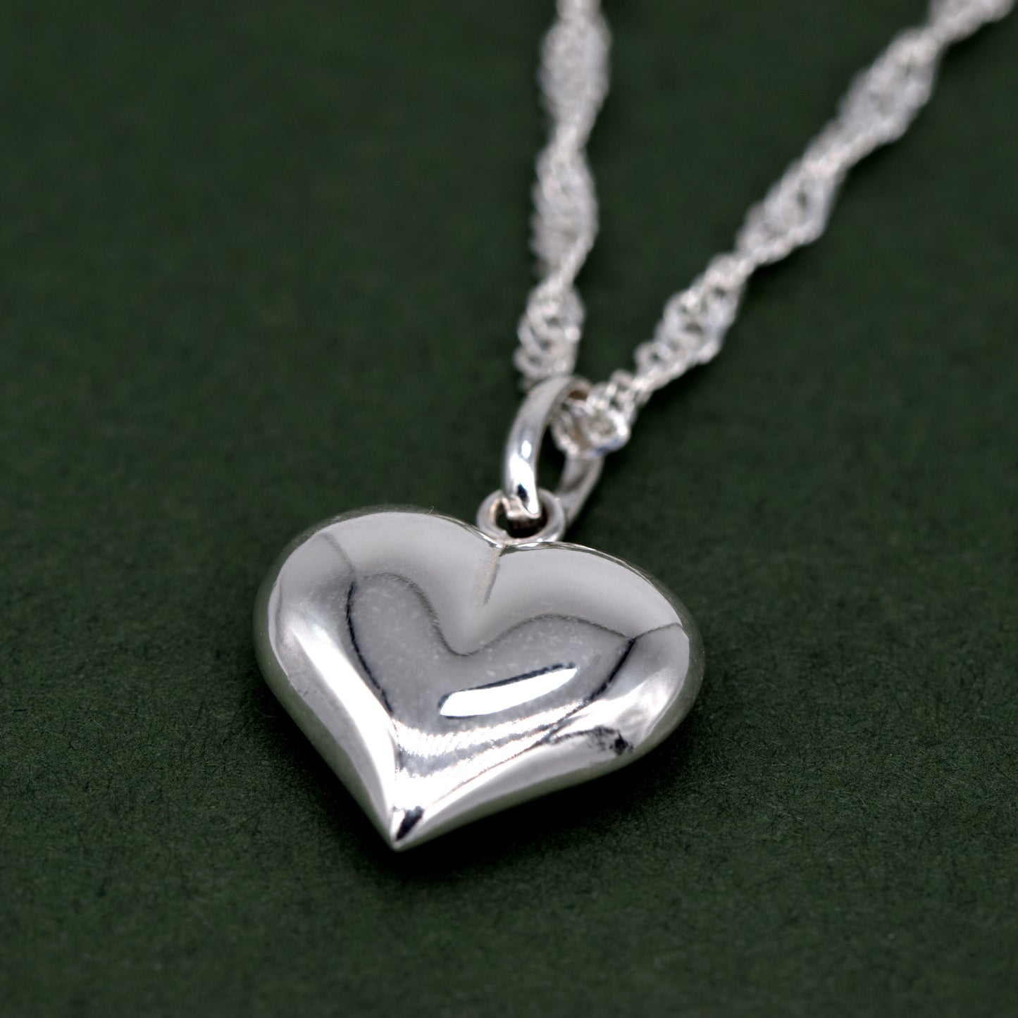 Sterling Silver Puffed Heart Pendant Necklace on Singapore Chain