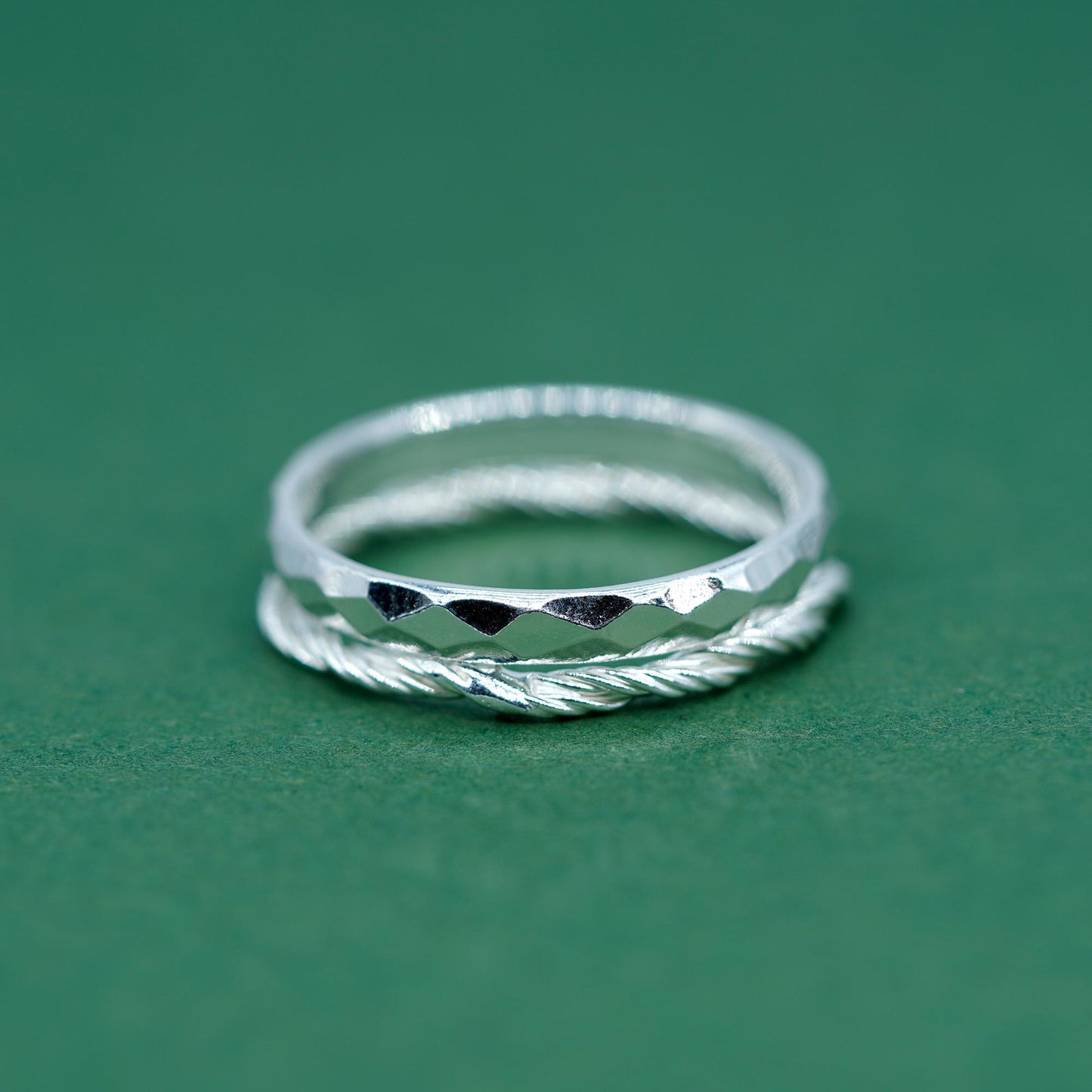 Set of 2 Sterling Silver Rings, 2.8mm Faceted/Hammered Ring & 1.7mm Corda Rope Ring