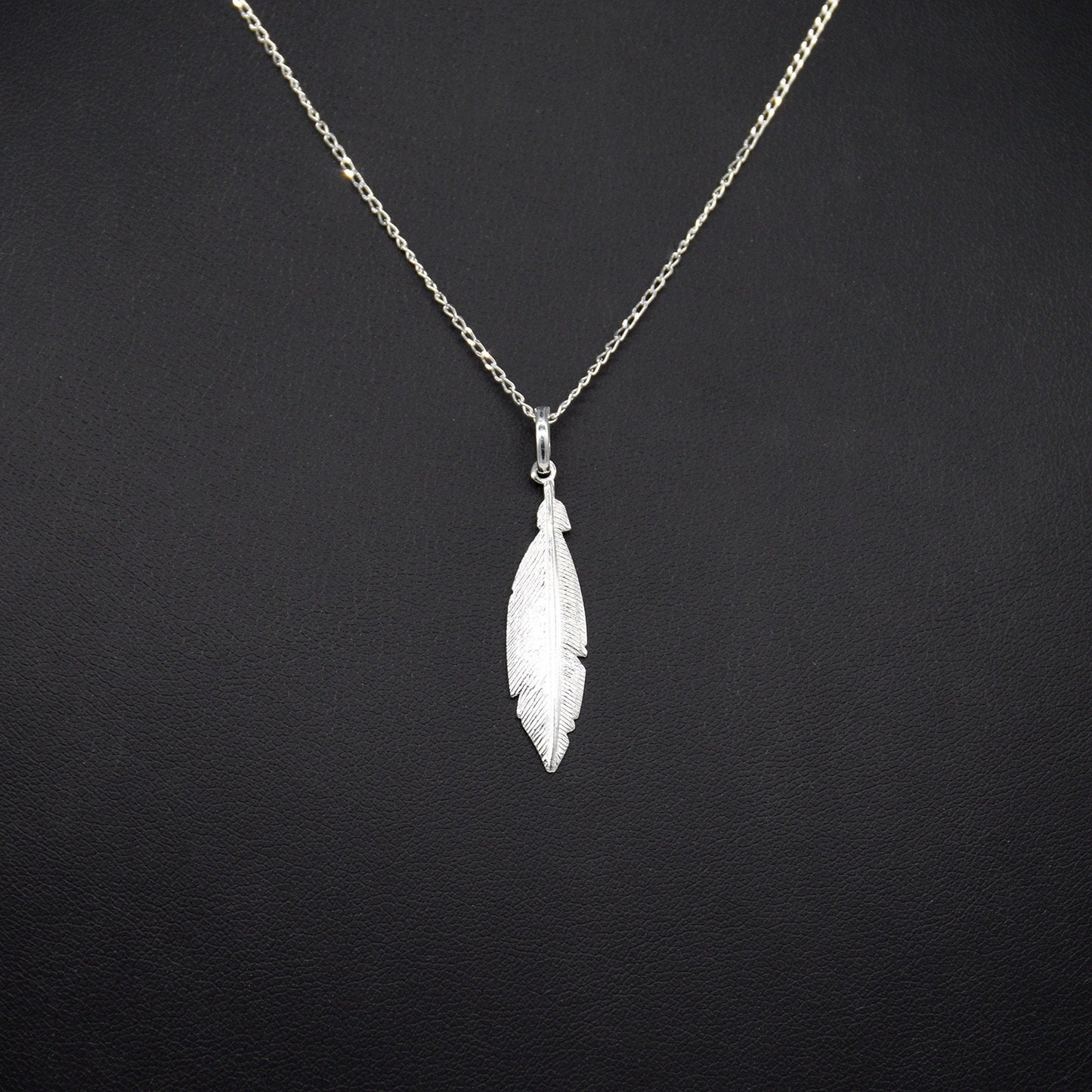 Sterling Silver Feather Pendant Necklace on Curb Chain