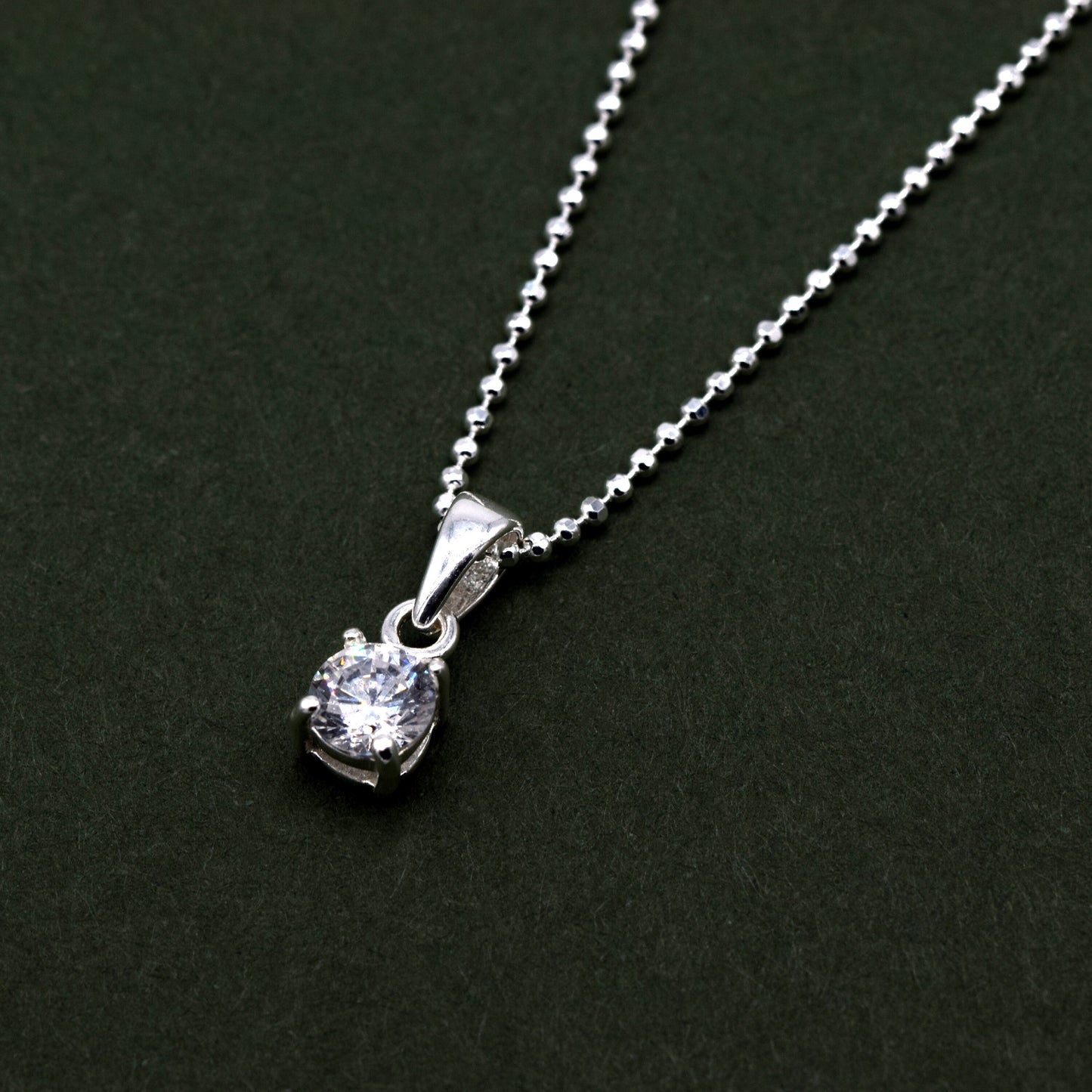 Sterling Silver Cubic Zirconia Round Pendant Necklace on D/C Ball Chain
