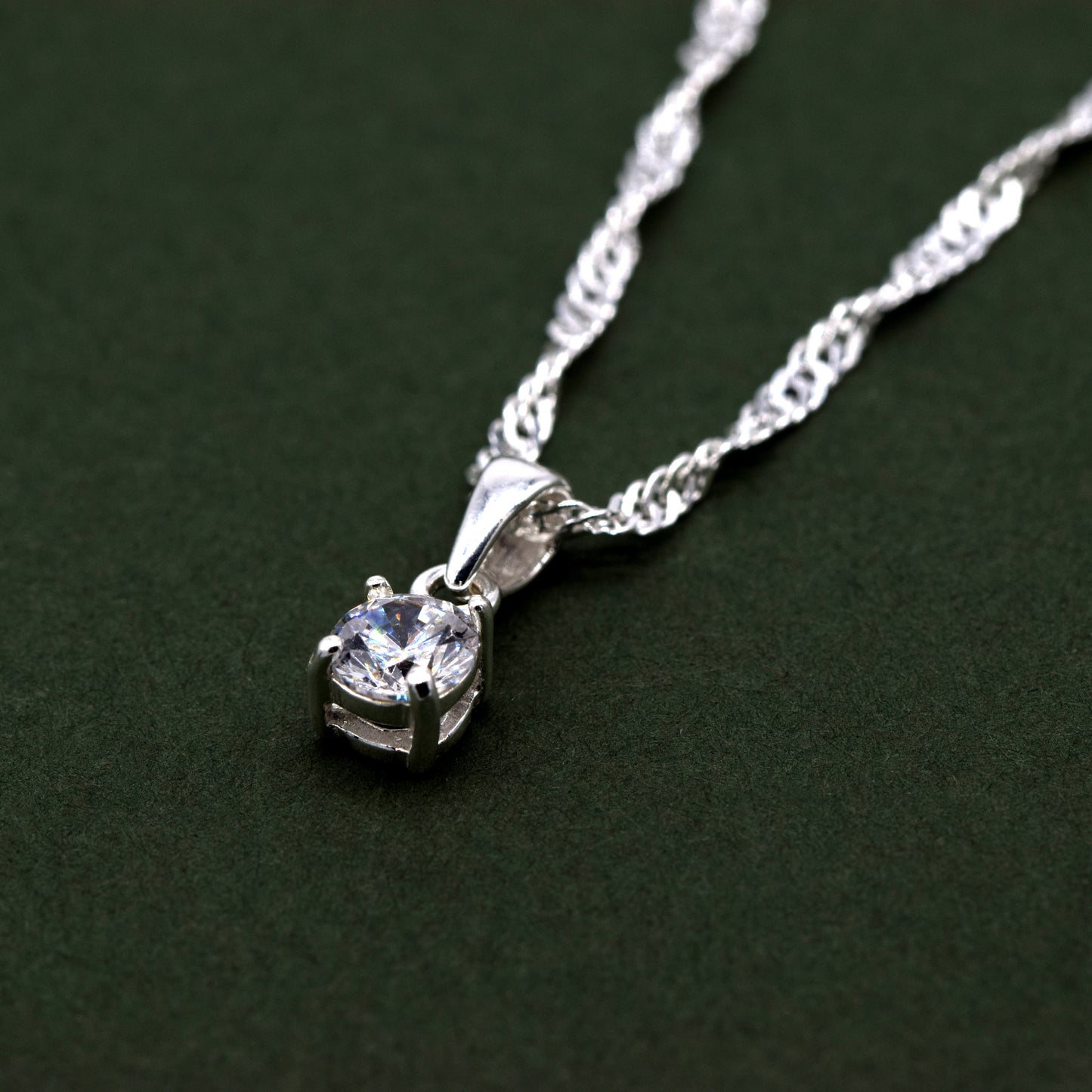 Sterling Silver Cubic Zirconia Round Pendant Necklace on Singapore Chain