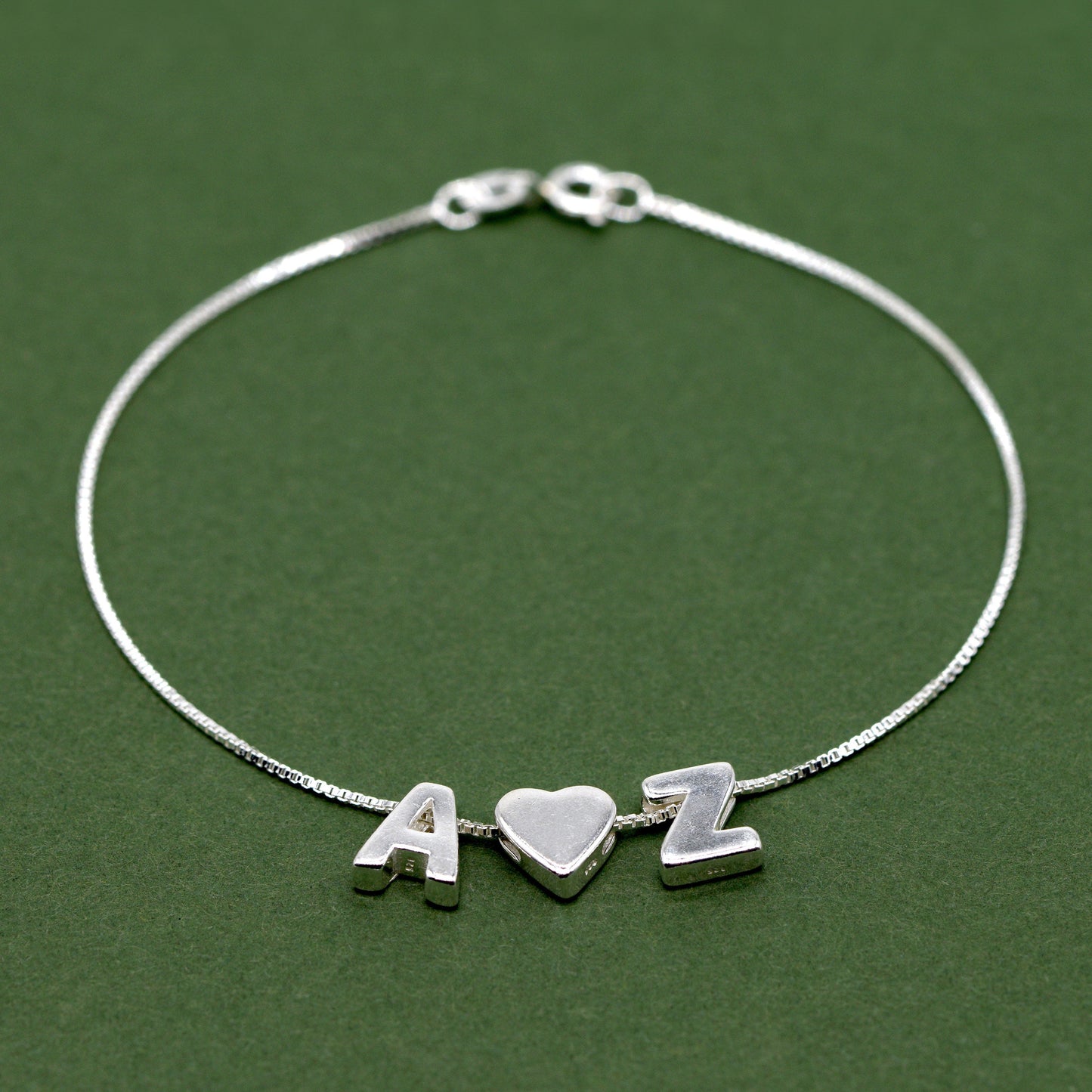 Sterling Silver Personalised Initial Charm Box Chain Anklet A - Z With Heart Charm