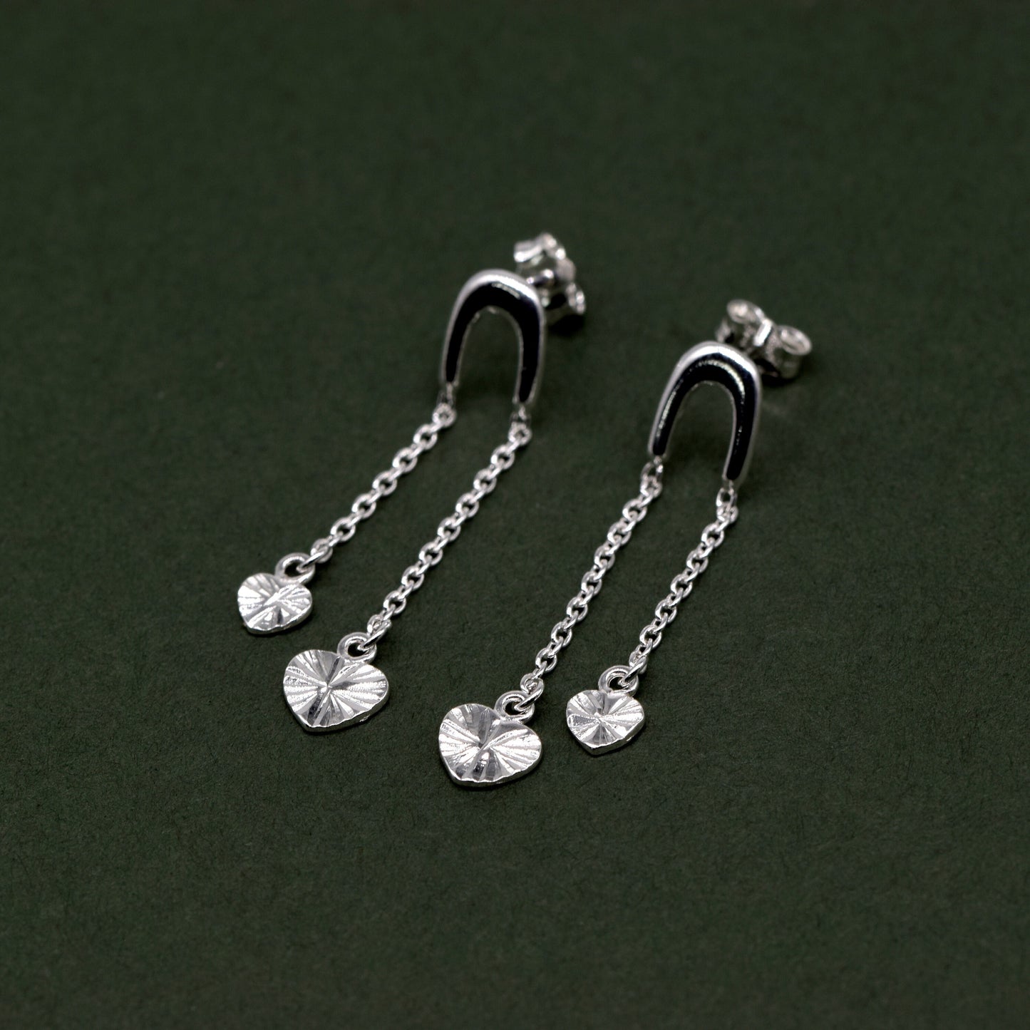 Sterling Silver Fluted Diamond Cut Double Heart Dropped Stud Earrings