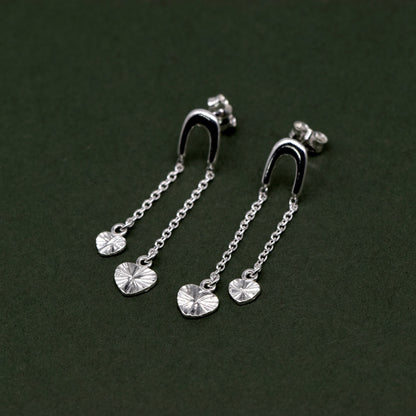 Sterling Silver Fluted Diamond Cut Double Heart Dropped Stud Earrings