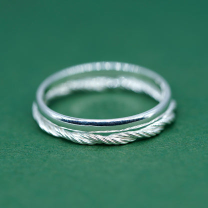 Set of 2 Sterling Silver 2mm Polished Band & 1.7mm Corda Rope Ring
