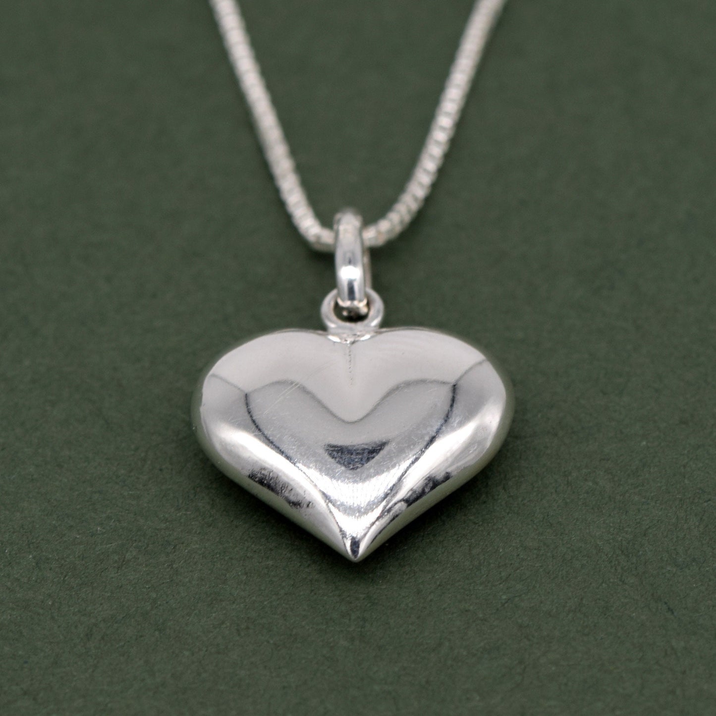 Sterling Silver Puffed Heart Pendant Necklace on Box Chain