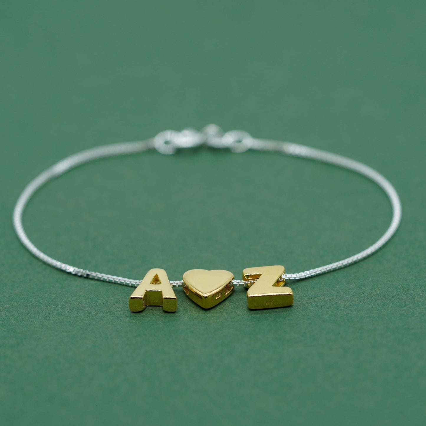 Gold Vermeil Sterling Silver Letter on Sterling Silver Box Bracelet