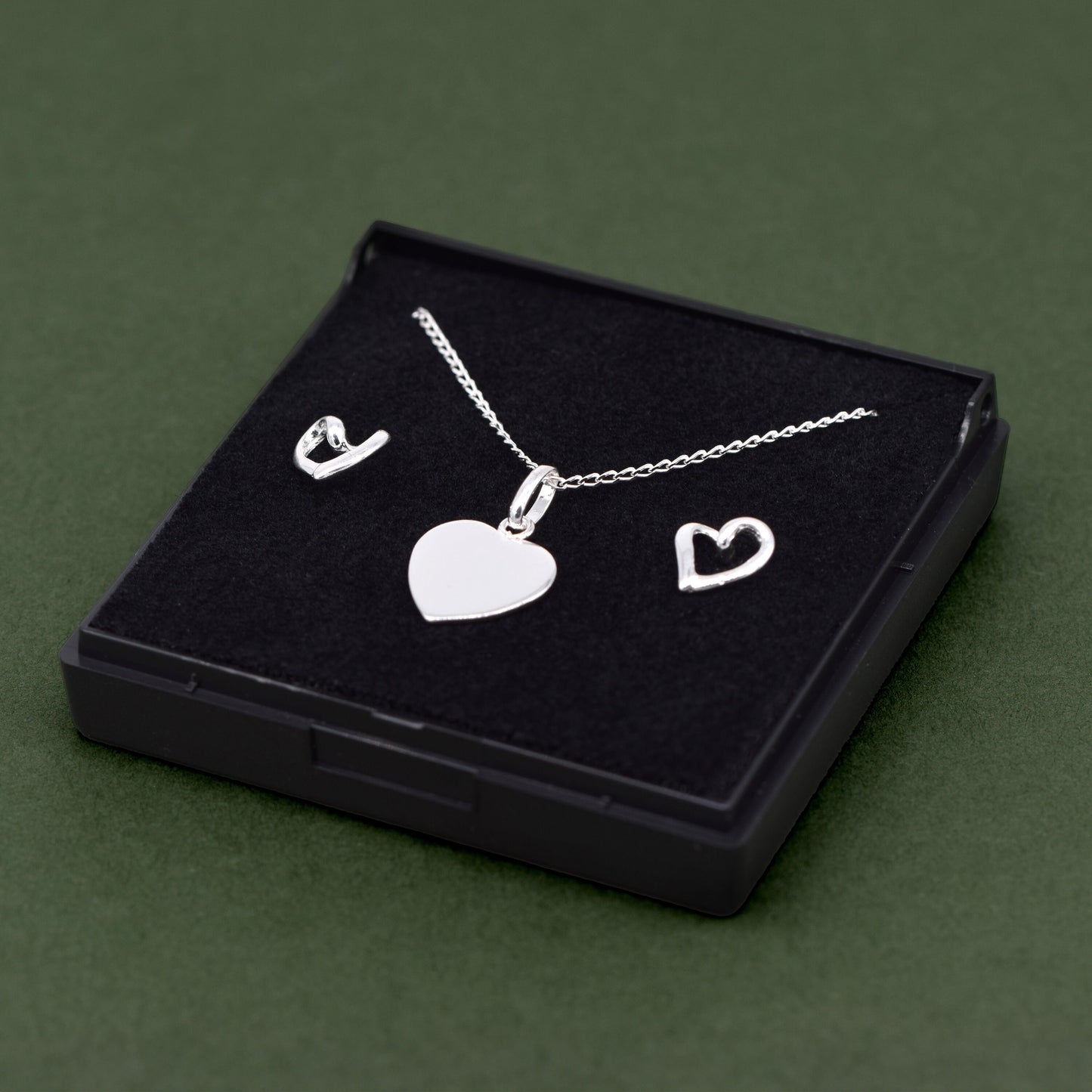 Sterling Silver Flat Heart Necklace & Open Earring Set in Gift Box
