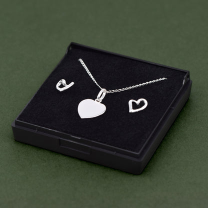 Sterling Silver Flat Heart Necklace & Open Earring Set in Gift Box
