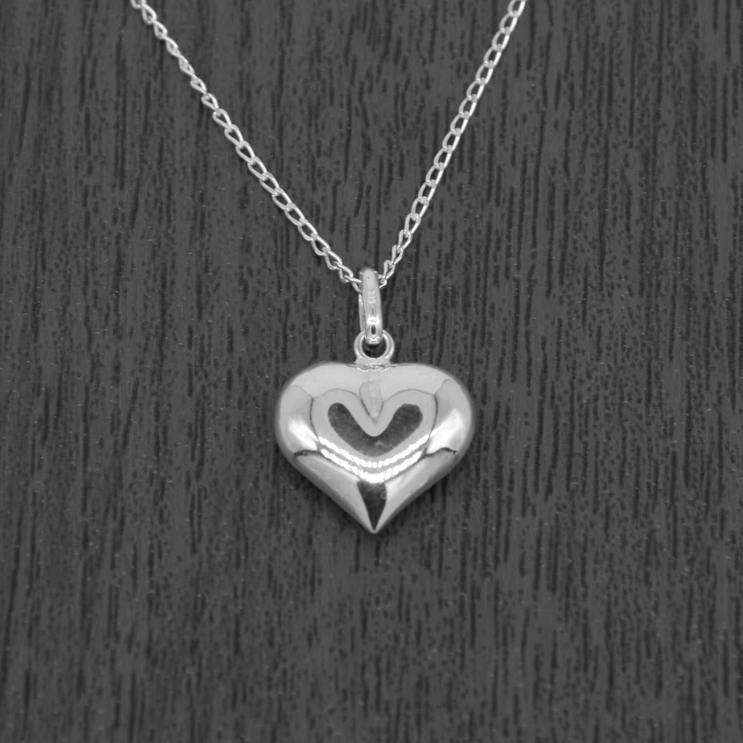 Sterling Silver Puffed Heart Pendant Necklace on Curb Chain