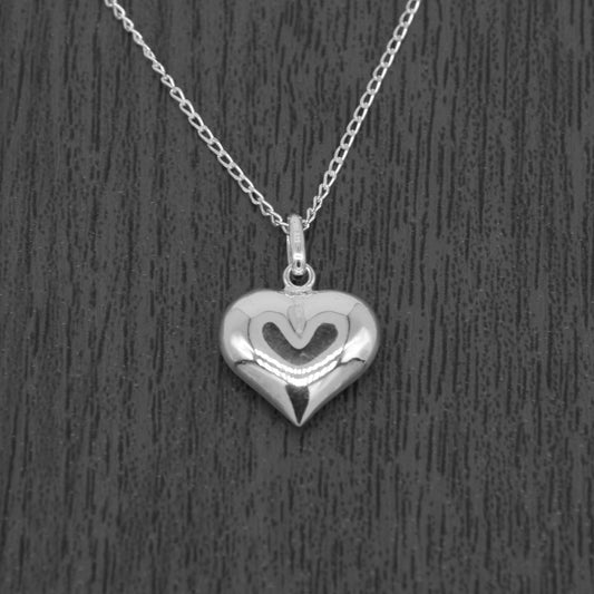 Sterling Silver Puffed Heart Pendant Necklace on Curb Chain